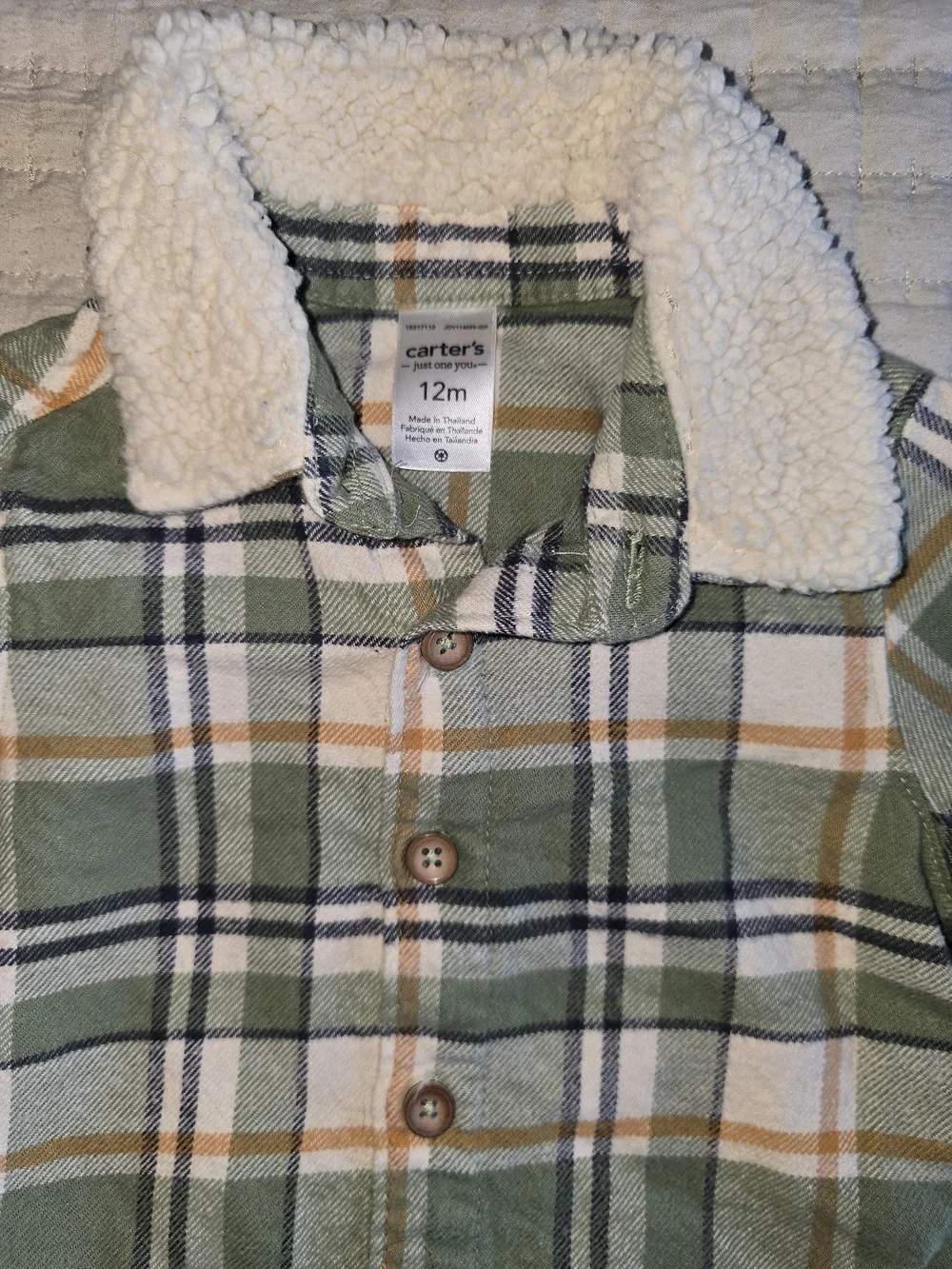 Carter's Plaid Sherpa-Collar Button-Up Jacket - Sage Green, Cream & Navy